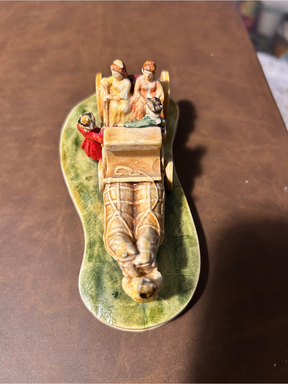 Vintage-Style Ceramic Horse-Drawn Cart Figurine in Green and Tan